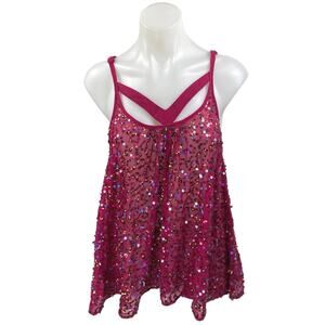Rudi Women's Red Sequin Mesh Sleeveless Cutout Cami Tank Blouse Top Size S
